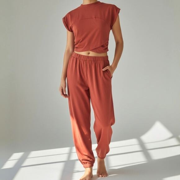 Cupshe Pants - Cupshe Rust Orange Jersey Wide Leg Pants & Cropped Wrap Top Women's Size S NWT